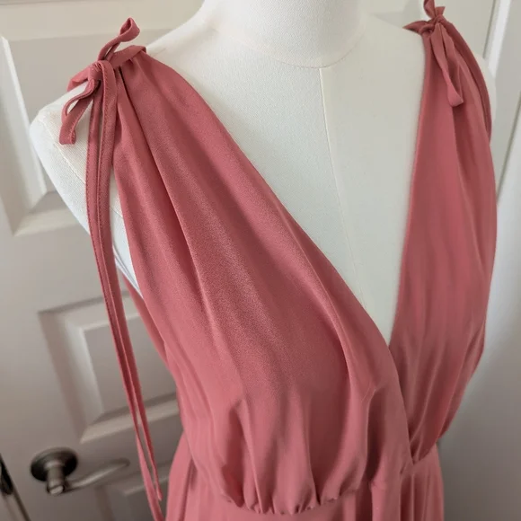 LULUS V Neck Tie Shoulder Plunging Neck Maxi Dress Rusty Rose Color Size XL - Picture 2 of 13